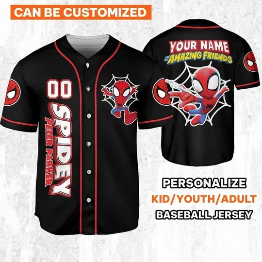 Custom Spidey Peter And His Amazing Friends Action Baseball Jersey, Spider Baseball Jersey Team, Disney Baseball Team Outfit
