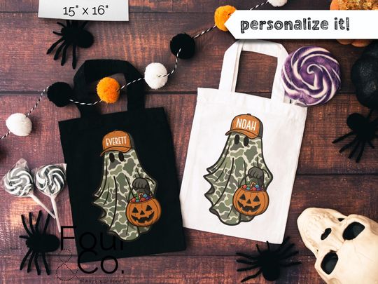 Camo Ghost Halloween Tote, Boys Trick or Treat Bag, Camo Halloween