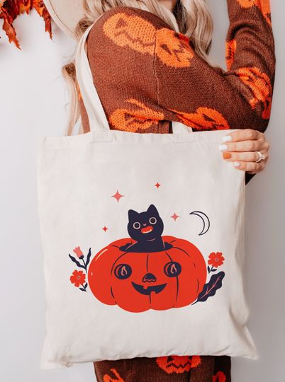 Black Cat Tote Bag Halloween Tote Bag Witch Tote Witchy Tote Bag Halloween Gift Cottagecore Halloween Jack o Lantern Tote Bag Pumpkin Tote