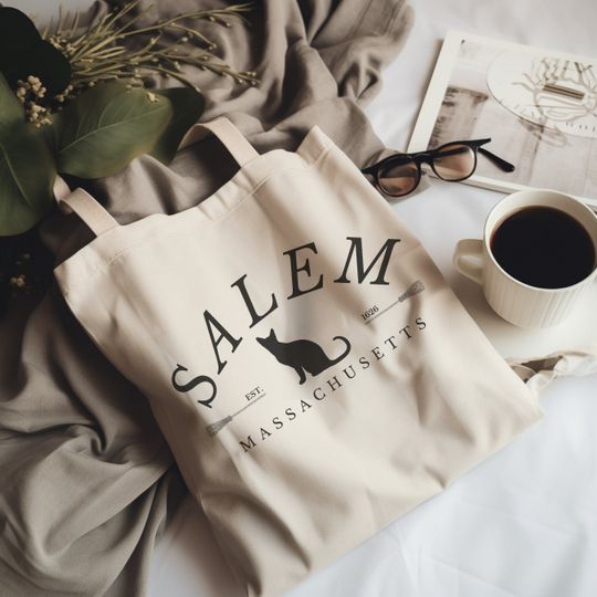 Salem Mass Black Cat Tote Bag | Witch Broom Canvas Tote | Retro Witchy | Reusable Grocery Bag | Lunch Bag | Weekender | Witch Cat