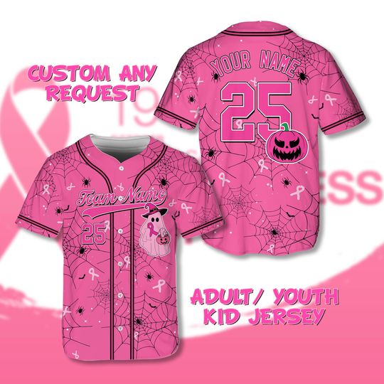 Personalized Halloween Baseball Jersey, Breast Cancer Month Pink Boo Ghost Jersey