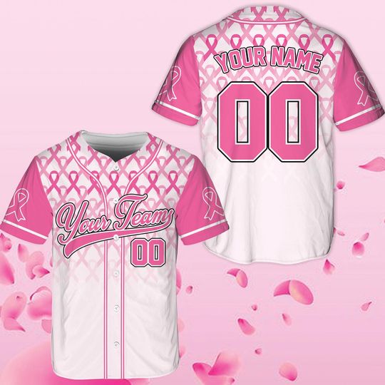 Personalized Breast Cancer Team Name & Number Baseball Jersey, Custom Pink Ribbon Breast Cancer Warrior Jersey