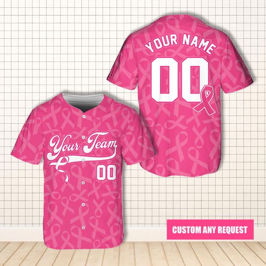 Personalized Breast Cancer Awareness Baseball Jersey with Custom Name and Pink Ribbon Design