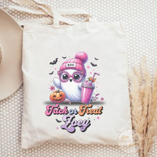 Cute Customized Ghost Tote Bag Halloween Canvas Tote Bag For Trick or Treating Preppy Ghost Drink Bag Personalized Holiday Kids Travel Bag