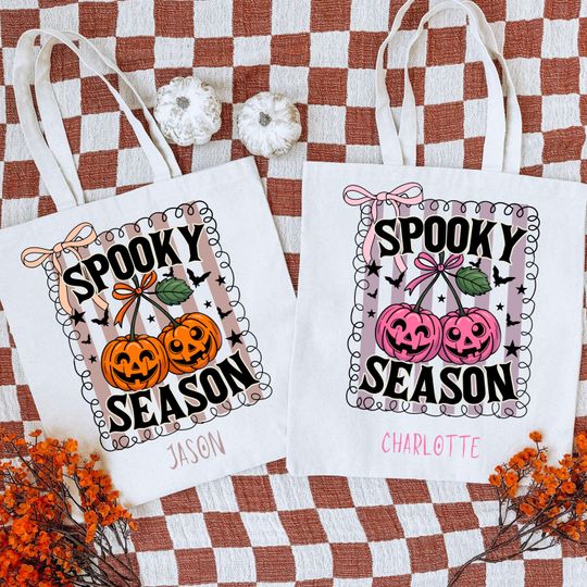 Personalized Trick or Treat Bags for Kid Halloween Party Pumpkin Cherries Trick-or-Treat Bag Halloween Bow Cute Fall Tote Spooky Season Gift