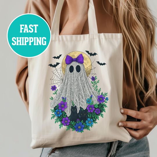 Halloween Trick or Treat Tote Bag, Cotton Canvas Tote, Ghost & Black Cats Design, Lace Bow, Halloween Candy Bag, Halloween Purse