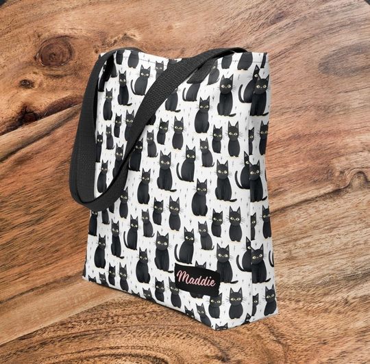 Personalized Black Cat Tote Bag Pattern Design Black Cat Lover Back To School Bag Girl Gift Birthday Cat Mom Dad Gift Halloween Bag Gift