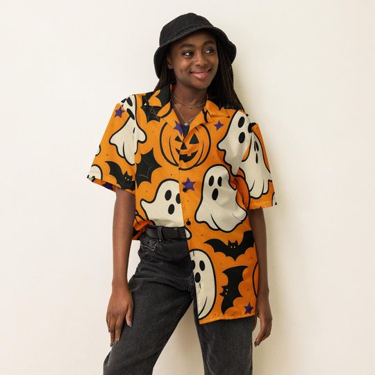 Unisex Halloween Button Up Shirt, Spooky All Over Print Shirt, Ghost & Pumpkin Party Top, Boo-tiful Fall Outfit