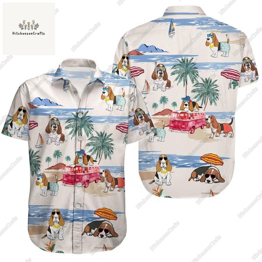 Basset Hound Button Shirt, Basset Hound Hawaiian Shirt, Dog Lover Shirt, Basset Hound Shirt, Vacation Shirt, Dog Beach Summer Shirt