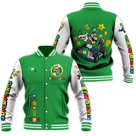Personalized Luigi Baseball Jacket, Super Mario Baseball Jacket, Custom Luigi Jacket, Luigi Jacket Men, Super Mario Gaming Jacket