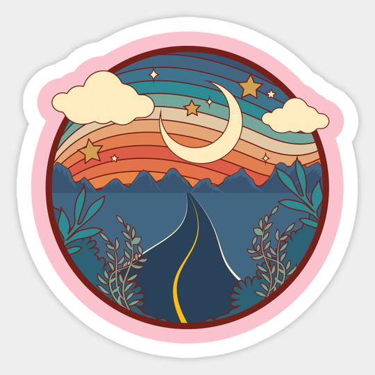 1970s Moon Stars and Road - Retro - Sticker