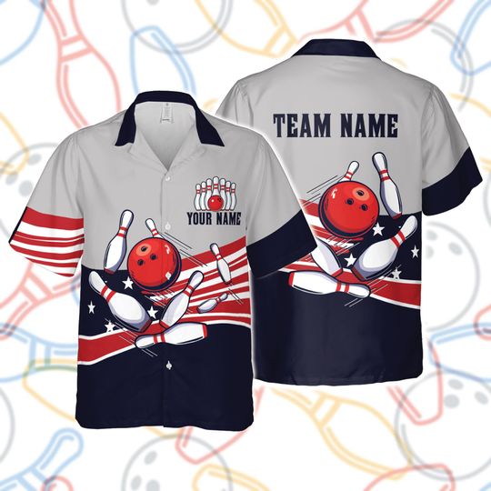 Custom Hawaiian Bowling Shirt, Red White Blue Bowling Ball & Pins Aloha Party Shirt