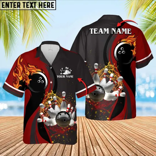 Bowling and Pins Water Flow Hawaiian Shirt with Multicolor Options and Custom Name