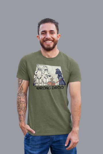 Funny Star Wars T-Shirt with Darth Vader, Stormtrooper Parody and "Wrong Droid" Design