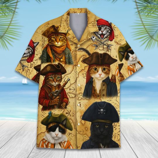 Pirate Cat Hawaiian Shirt Men Women Youth,  Vintage Map Cat Button Down Shirt