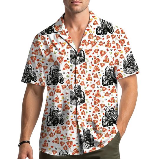 Grim Reaper Pizza Hawaiian Shirt Men Women Youth, Funny Skeleton Eating Pizza Shirt