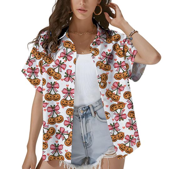 Pumpkin Bow Halloween Shirt for Women, Cute Jack O Lantern Pink Ribbon Shirt