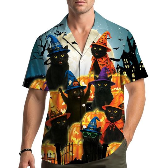 Halloween Black Cat Hawaiian Shirt Men Women Youth, Funny Pumpkin Bat Print Shirt