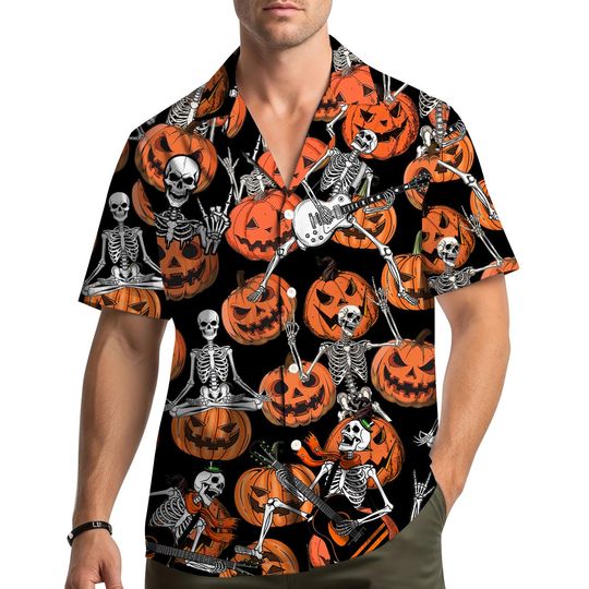 Halloween Skeleton Hawaiian Shirt Men Women Youth, Pumpkin Jack O Lantern Music Band Print