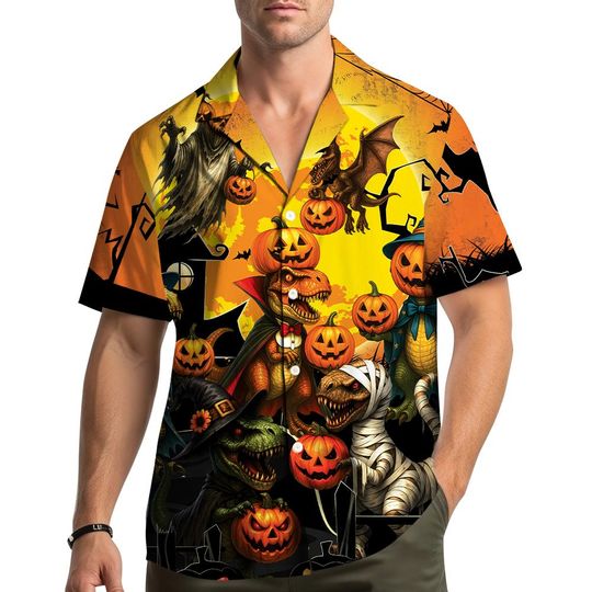 Halloween Dinosaur Hawaiian Shirt for Men Women Youth, Pumpkin Mummy T-Rex Tropical Shirt