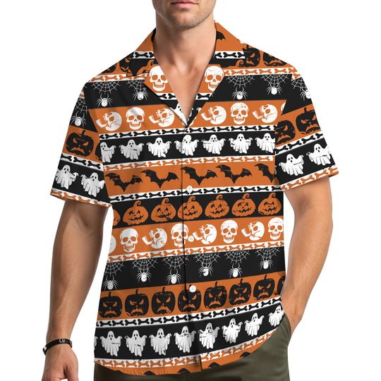 Halloween Hawaiian Shirt Men Women Youth, Skull Ghost Bat Pumpkin Spider Web Print