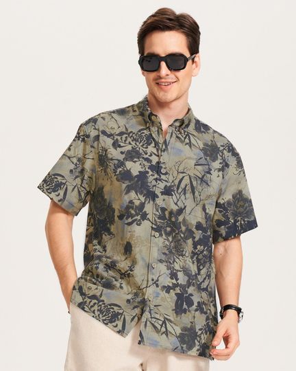 Men's Hawaiian Shirt Brown Oriental Short Sleeve Vacation Wear