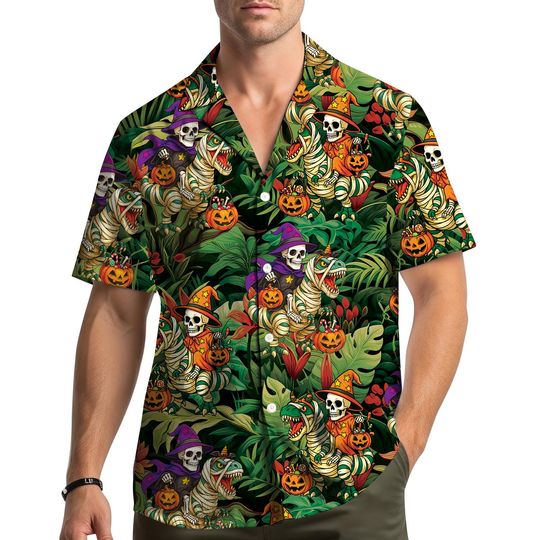 Halloween Dinosaur Hawaiian Shirt Men Women Youth, Funny Skeleton Mummy Pumpkin Shirt