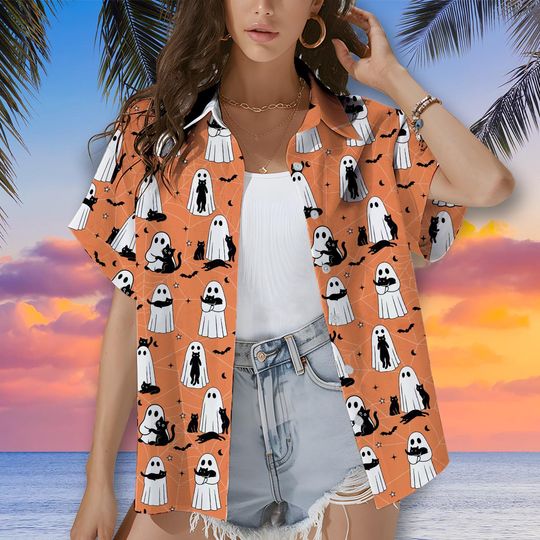 Cute Ghost Cat Halloween Hawaiian Shirt, Spooky Bat Spiderweb Button Shirt for Women