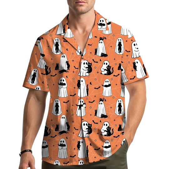 Ghost Cat Halloween Hawaiian Shirt Men Women Youth, Cute Cat and Bat Shirt