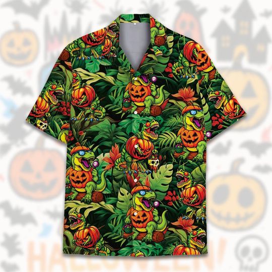Halloween Dinosaur Hawaiian Shirt for Men Women Youth, Pumpkin T-Rex Tropical Shirt