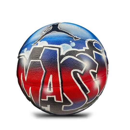 Basketball Personalized Gift with Name and Small Silhouette Jumping Man Dunking Design on Ball