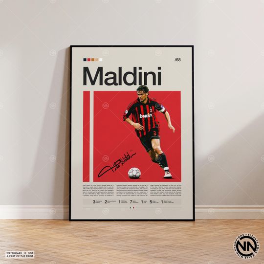 Paolo Maldini Poster, AC Milan Poster, Soccer Gifts, Sports Poster, Football Player Poster, Soccer Wall Art, Sports Bedroom Posters