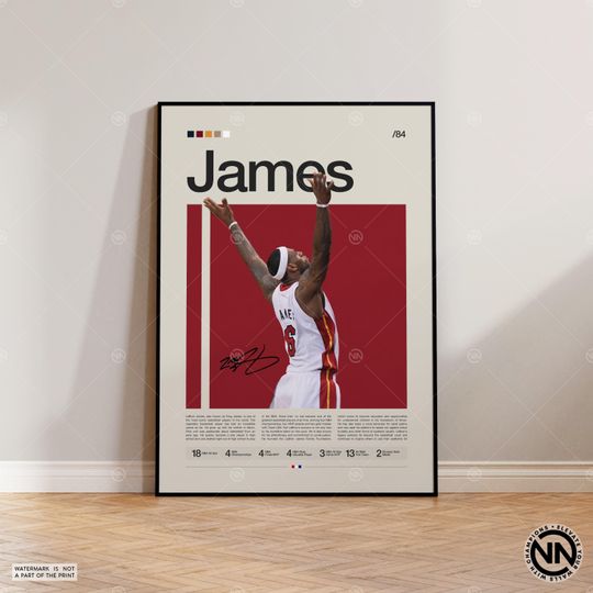 Lebron James Poster, Miami Heat Poster, NBA Poster, Sports Poster, Mid Century Modern, NBA Fans, Basketball Gift, Sports Bedroom Posters