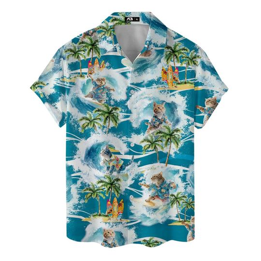 Funny Tropical Cat Surfing Hawaiian Shirts For Men Summer Beach Mens Hawaiian Shirts