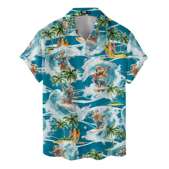 Funny Capybara Surfing Hawaiian Shirt For Men Pattern Summer Beach Mens Hawaiian