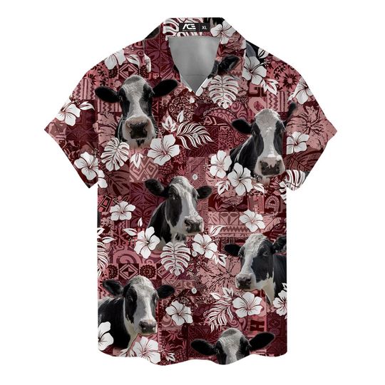 Funny Diverse Cow Hawaiian Shirts For Men Aloha Floral Mens Red Hawaiian