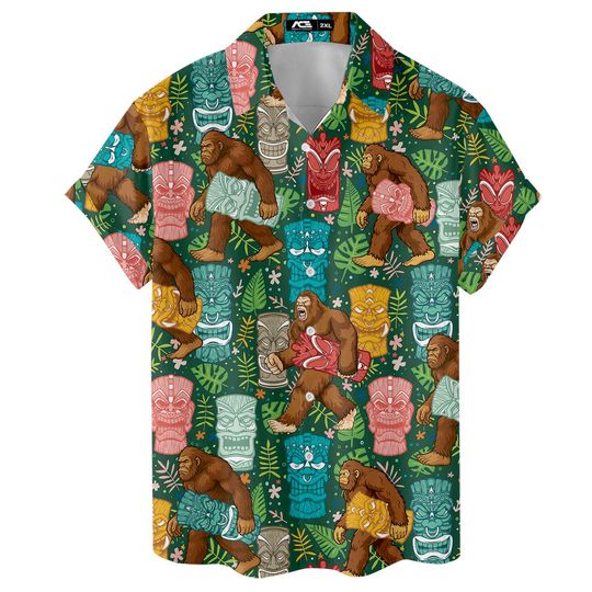 Colorful Bigfoot Tiki Hawaiian Shirt For Men Tropical Sasquatch Mens Hawaiian