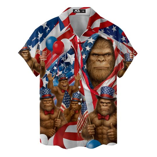 American Flag Bigfoot Hawaiian Shirts For Men USA Patriotic Mens Hawaiian Shirts