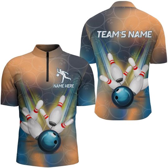 Custom Bowling Jersey Shirt with Name, Team, Strike Bowl & Pin Design