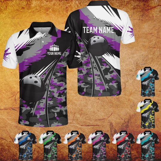 Custom Camouflage Bowling Polo Shirt with Personalized Team Name