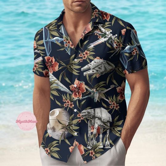 Star Wars Hawaiian Shirt, Sci-Fi Aloha Shirt, Disneyland Magic Kingdom Family Vacation Shirt