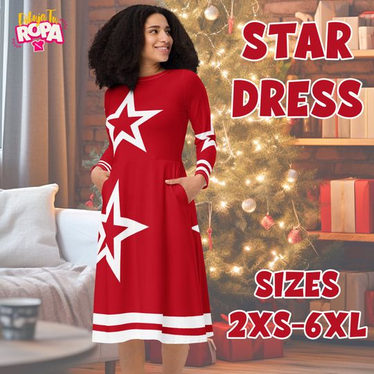 Christmas Midi Dress for Women / Asymmetric Stars / Red / With Pockets / Christmas / Santa Claus