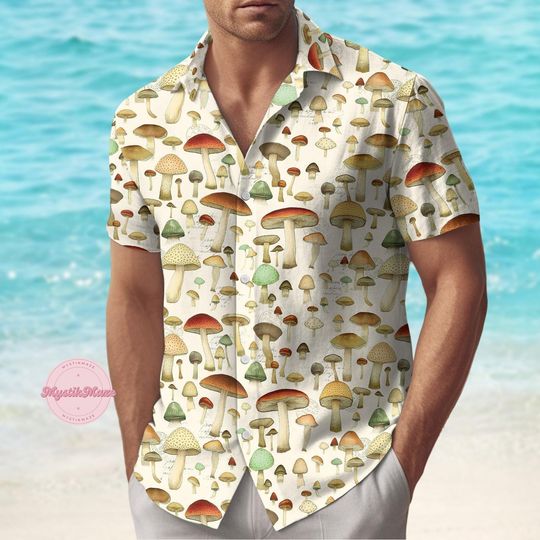 Mushroom Hawaiian Shirt Tropical Short Sleeve Shirt Nature Lovers Aloha Vibes