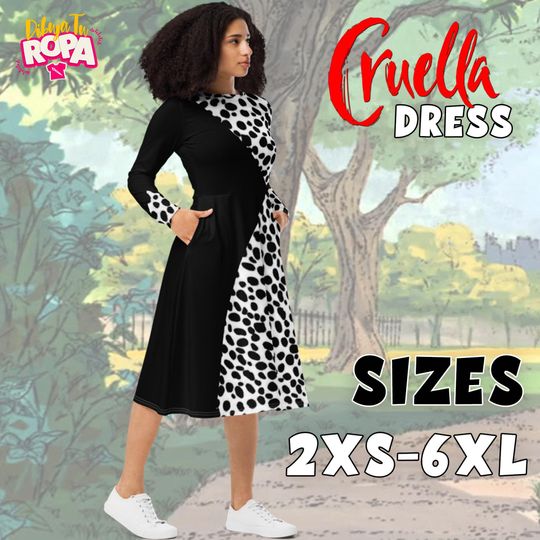 Midi Dress Inspired by Cruella De Vil  101 Dalmatians / Elegant / Long Sleeve