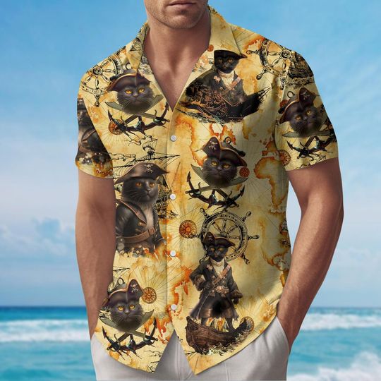 Black Cat Pirate Hawaiian Shirt for Men, Cat Lover Aloha Shirt, Cute Animal Summer Top