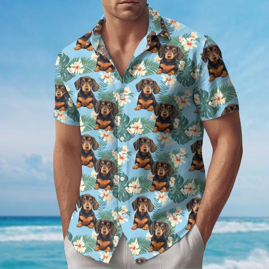 Dachshund Hawaiian Shirt, Dog Pattern Button-Up, Pet Lover's Tropical Aloha Shirt