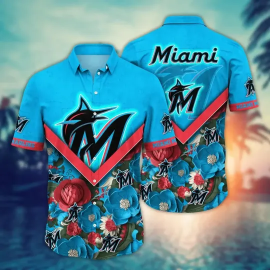 Miami Marlins Chevron Floral Hawaiian Shirt, Gift for Fan