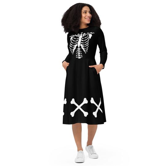 Skeleton Dress Womens Halloween costume long sleeve midi dress b