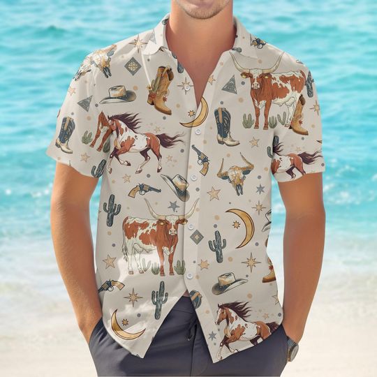 Western Cowboy Button Shirt with Wild Horses Hawaiian Pattern