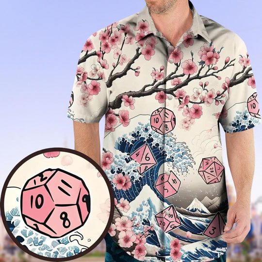 Halloween D&D Hawaiian Shirt with Flower Dice, Button Down Dungeons & Dragons Shirt for Men